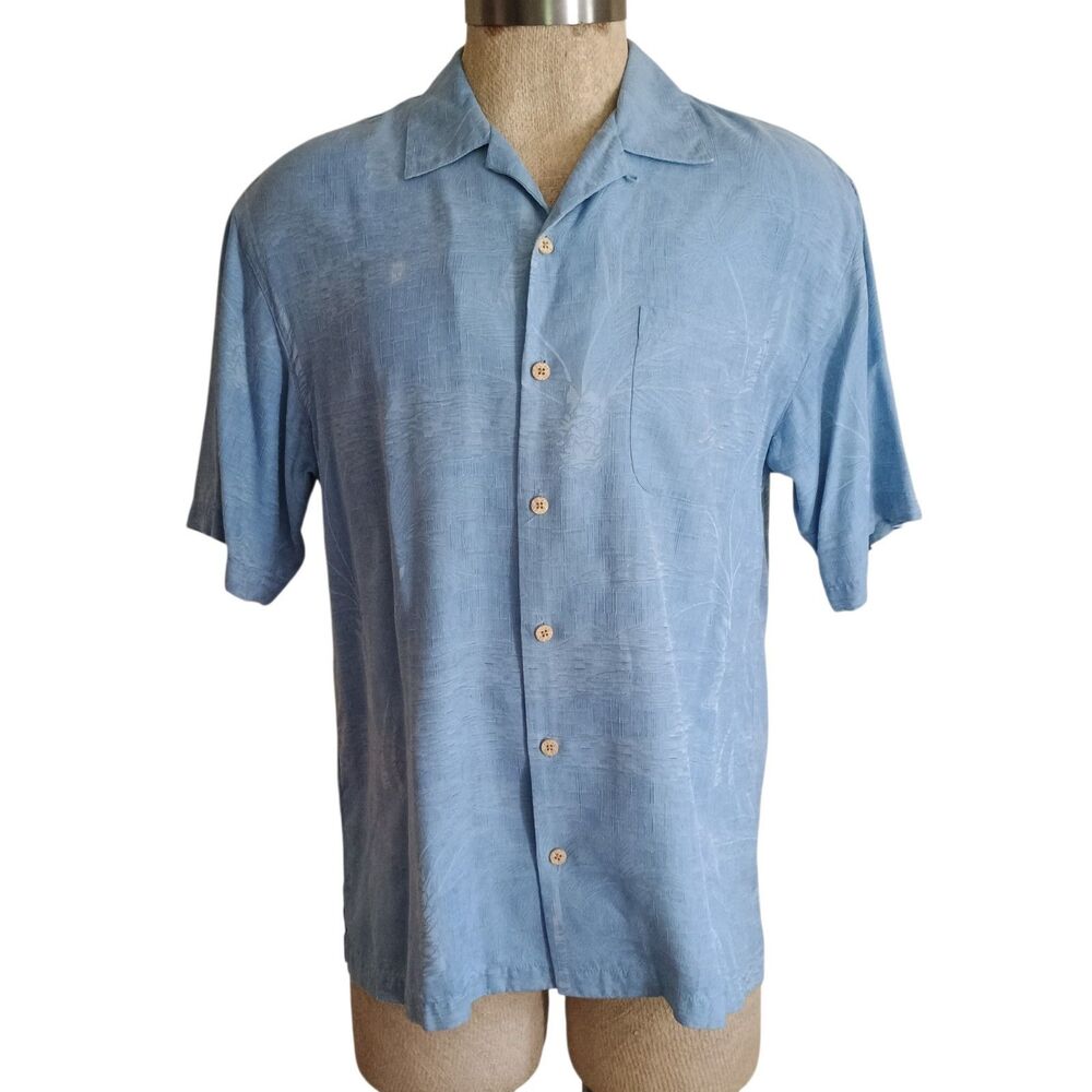Tommy Bahama Silk Camp Shirt Mens Sz M Blue Hawaiian Palm Tree Print
